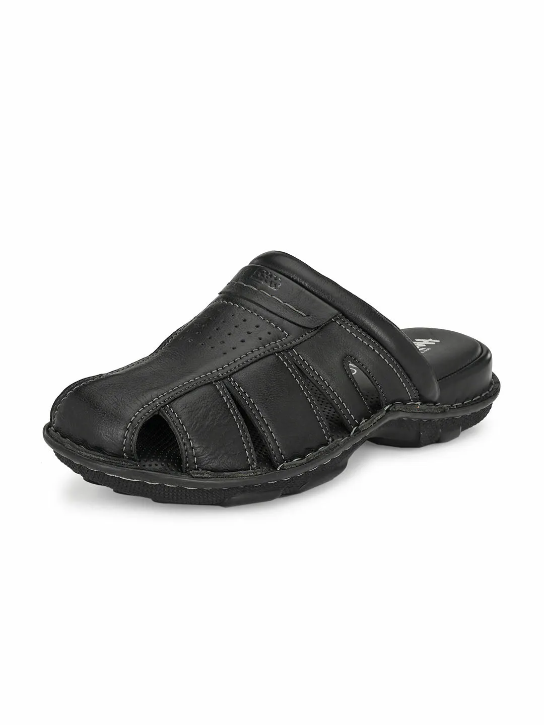 Hitz Men's Black Leather Comfort Slippers