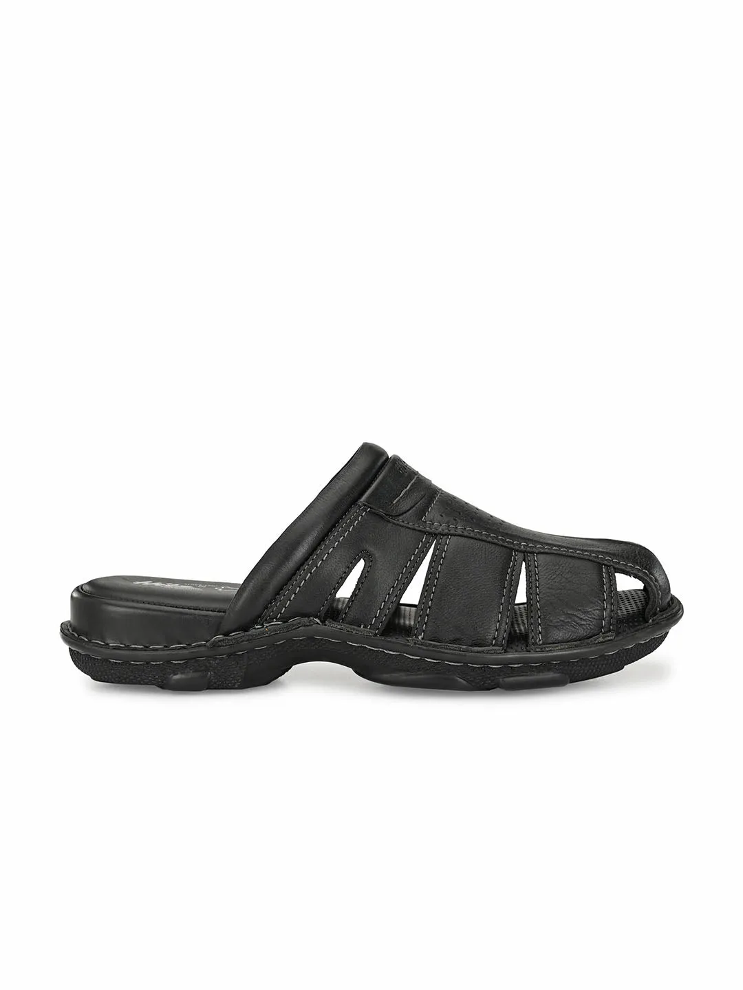 Hitz Men's Black Leather Comfort Slippers