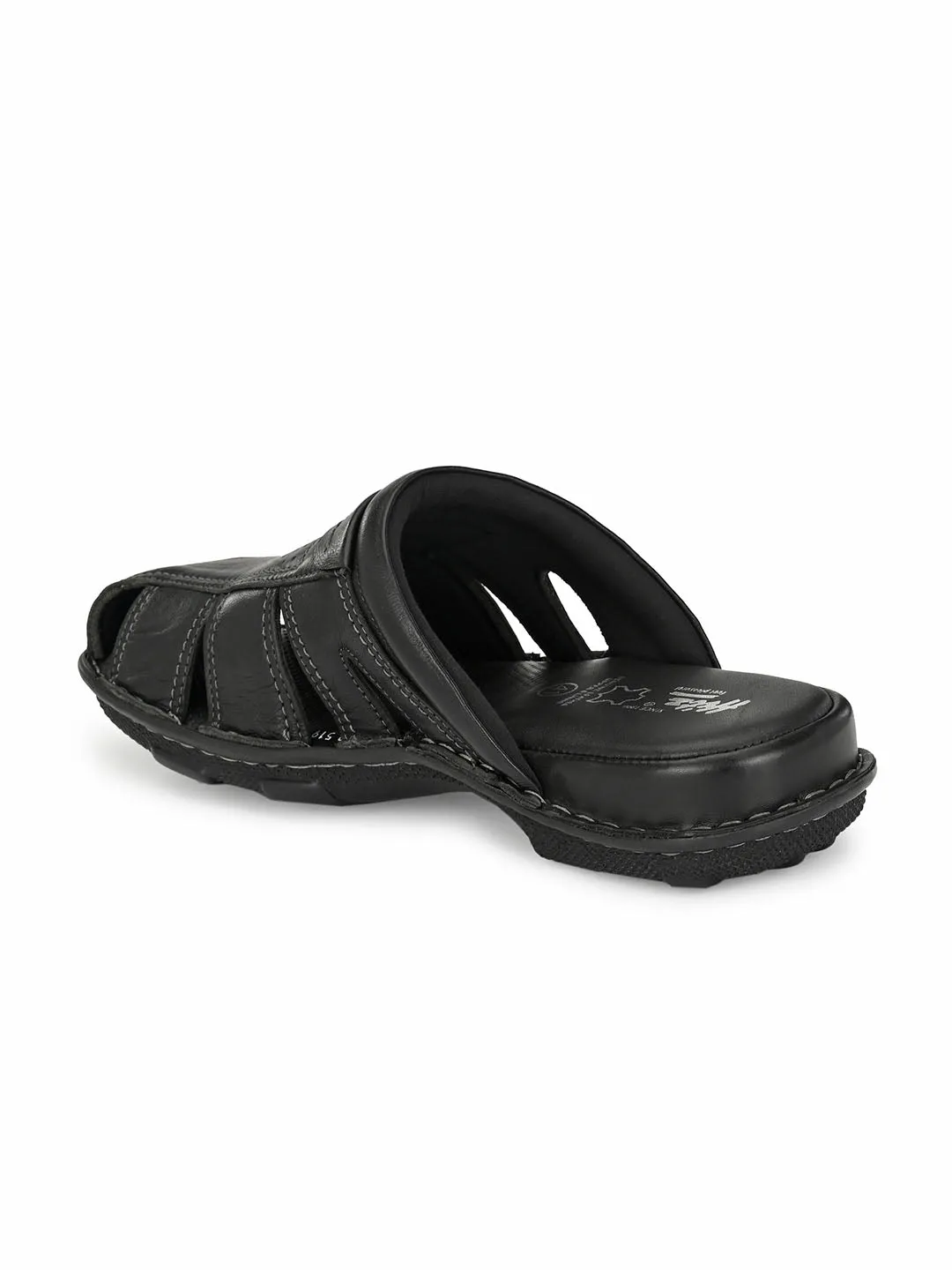 Hitz Men's Black Leather Comfort Slippers