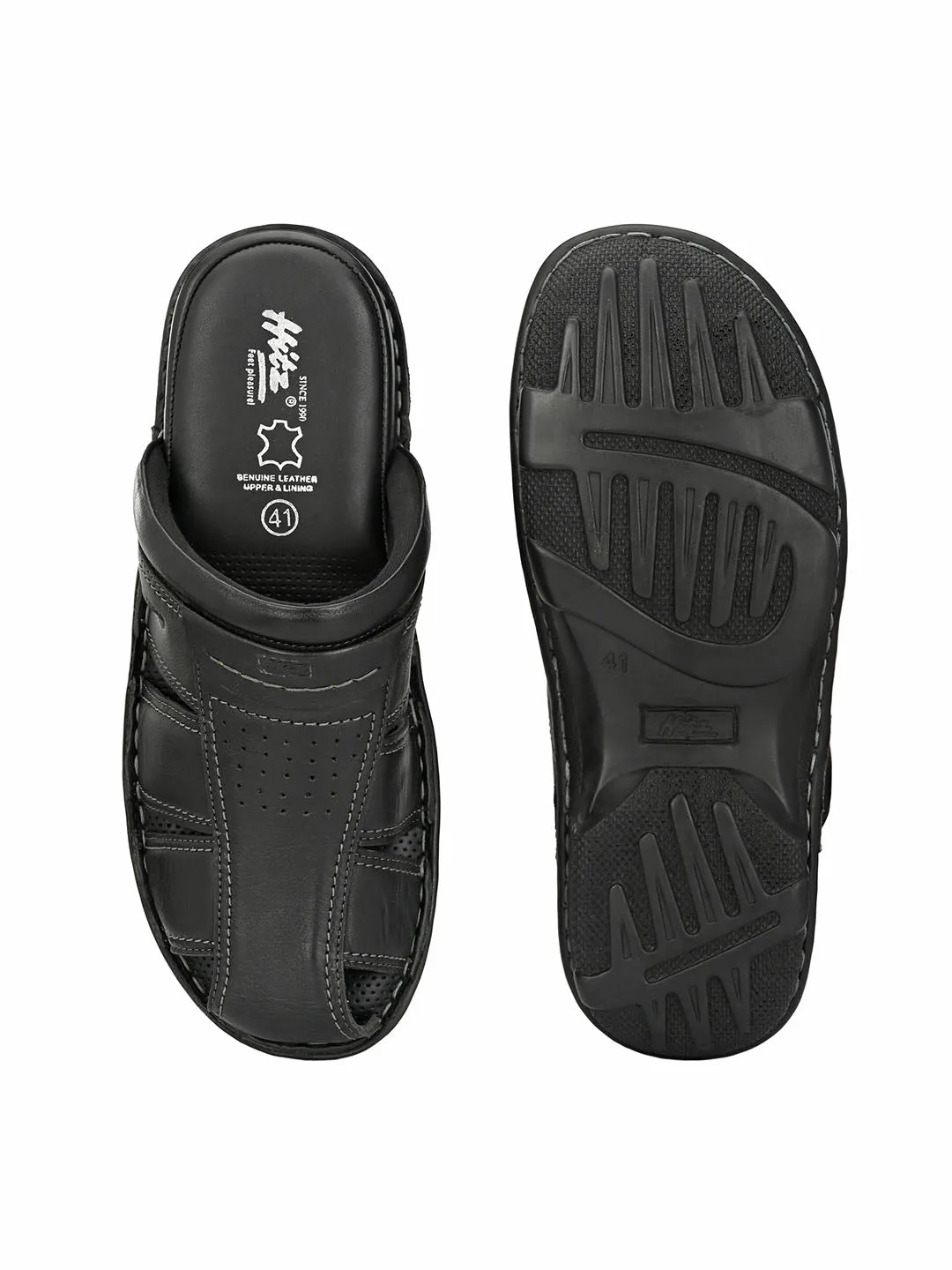Hitz Men's Black Leather Comfort Slippers