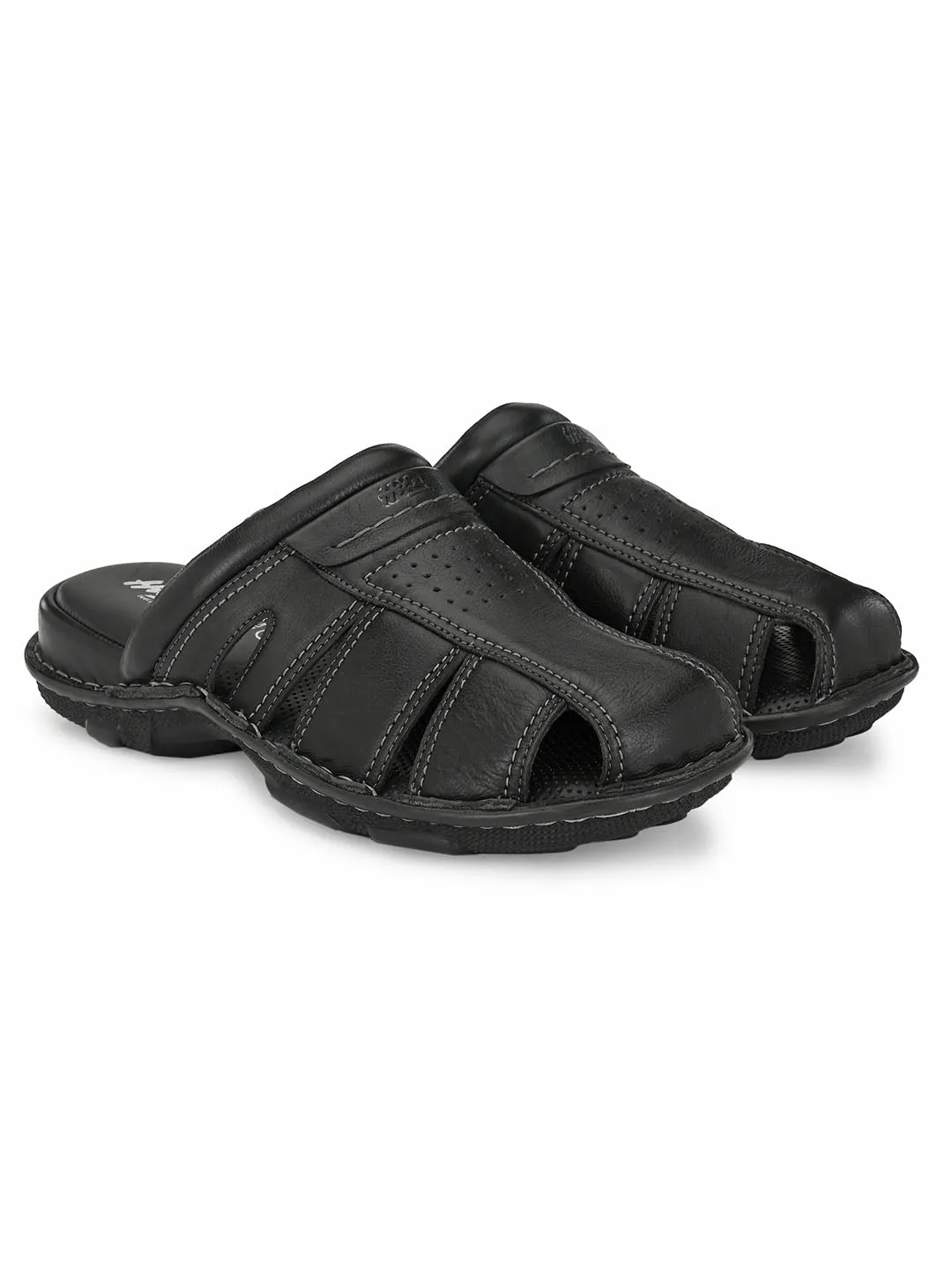 Hitz Men's Black Leather Comfort Slippers