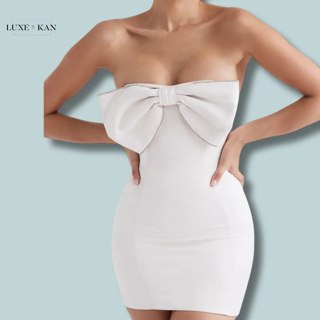 House of CB ARIELLA 
IVORY SATIN CRYSTAL EMBELLISHED BOW DRESS