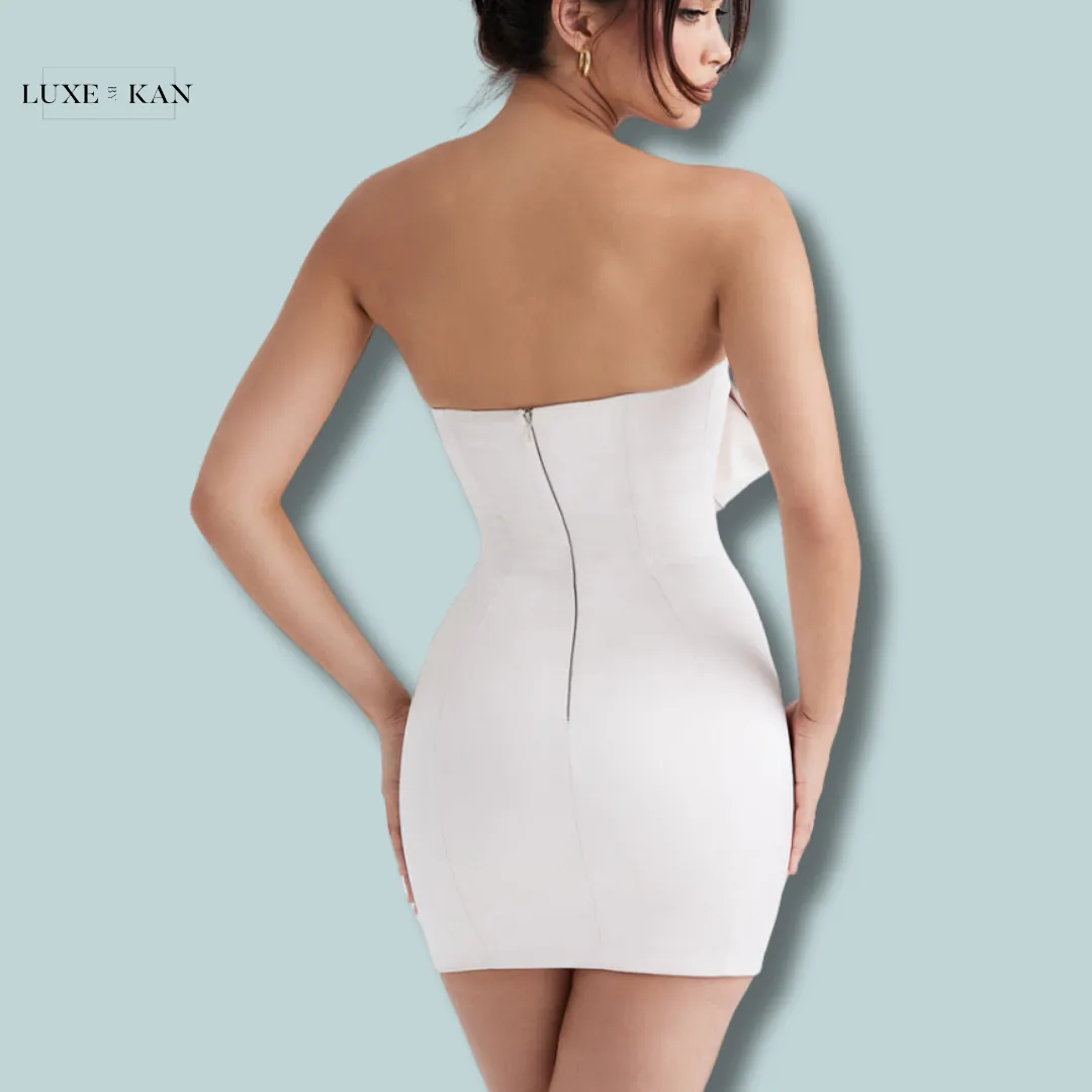 House of CB ARIELLA 
IVORY SATIN CRYSTAL EMBELLISHED BOW DRESS
