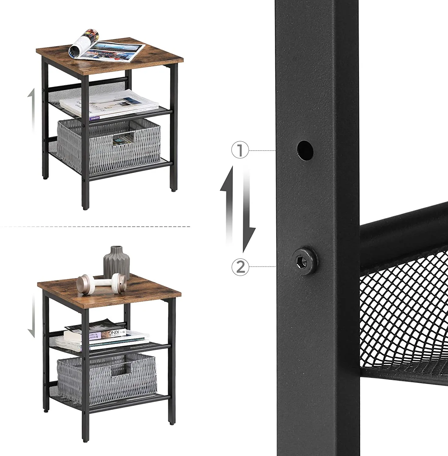Industrial Set of 2 Bedside Tables with Adjustable Mesh Shelves,  Rustic Brown and Black