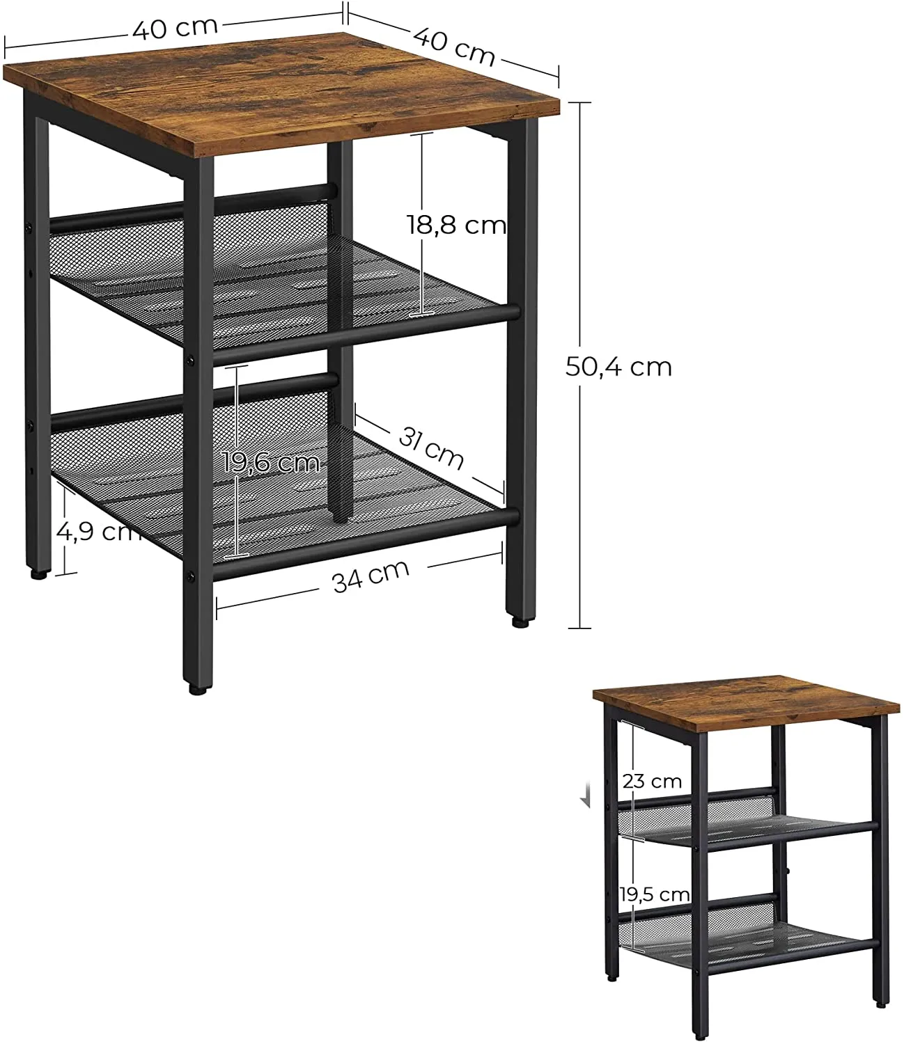 Industrial Set of 2 Bedside Tables with Adjustable Mesh Shelves,  Rustic Brown and Black