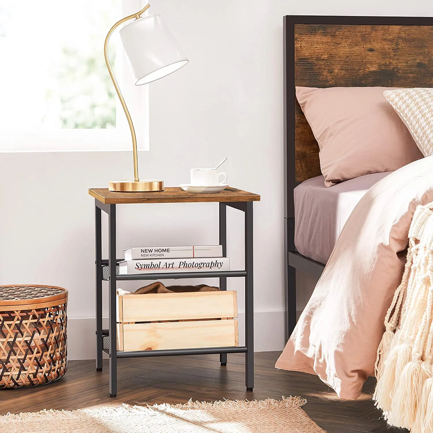 Industrial Set of 2 Bedside Tables with Adjustable Mesh Shelves,  Rustic Brown and Black