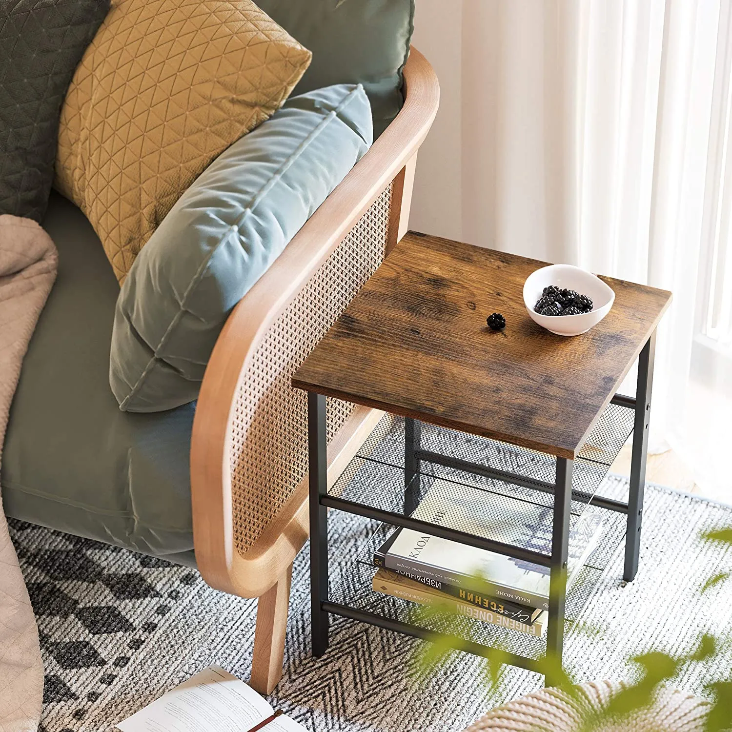 Industrial Set of 2 Bedside Tables with Adjustable Mesh Shelves,  Rustic Brown and Black