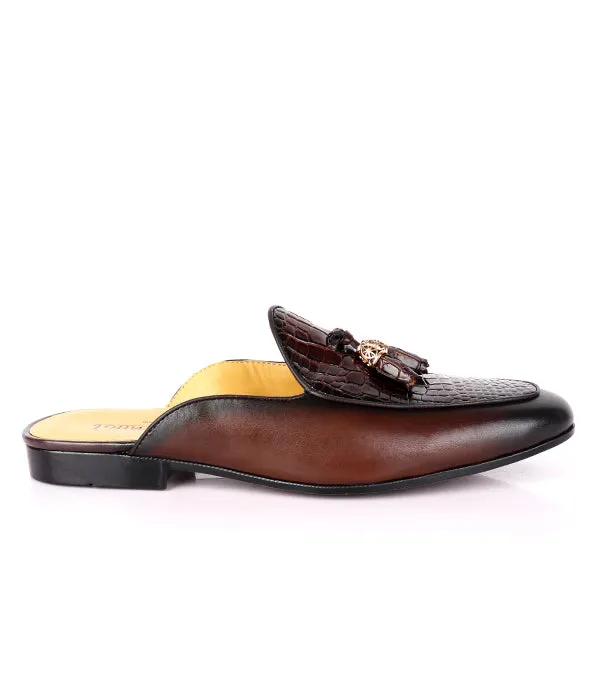 John Foster Croc Design Leather Tassel Men's Mules|Brown