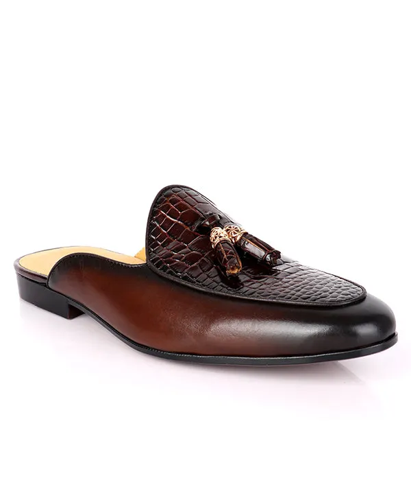 John Foster Croc Design Leather Tassel Men's Mules|Brown