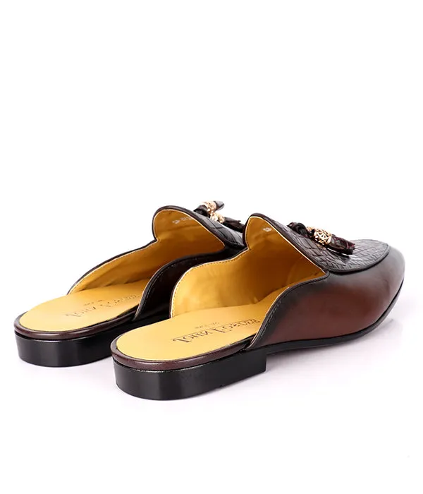 John Foster Croc Design Leather Tassel Men's Mules|Brown