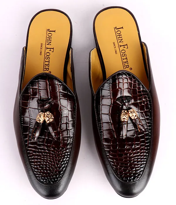 John Foster Croc Design Leather Tassel Men's Mules|Brown