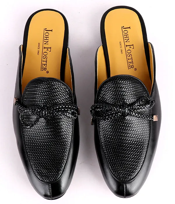 John Foster Dotted Bow Design Genuine Leather Mule|Black