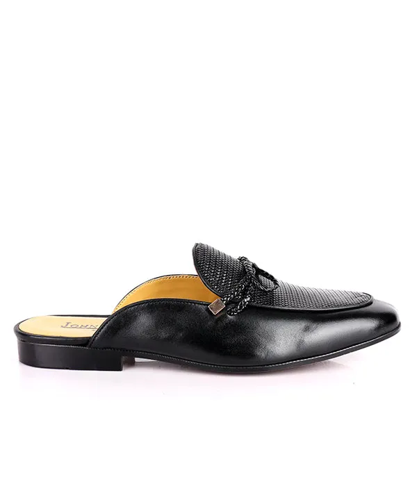 John Foster Dotted Bow Design Genuine Leather Mule|Black