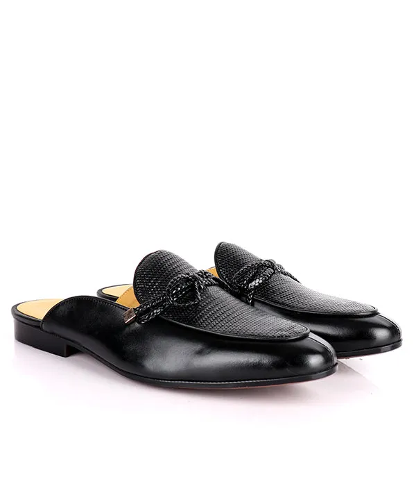 John Foster Dotted Bow Design Genuine Leather Mule|Black