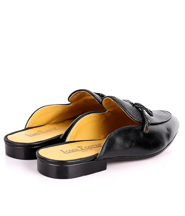 John Foster Dotted Bow Design Genuine Leather Mule|Black