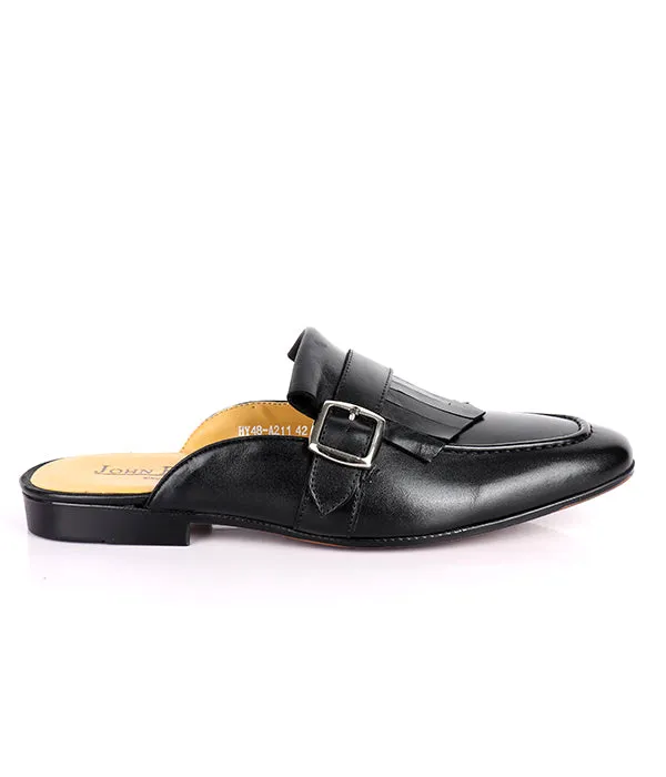 John Foster Fringed Buckled Genuine Leather Mules|Black