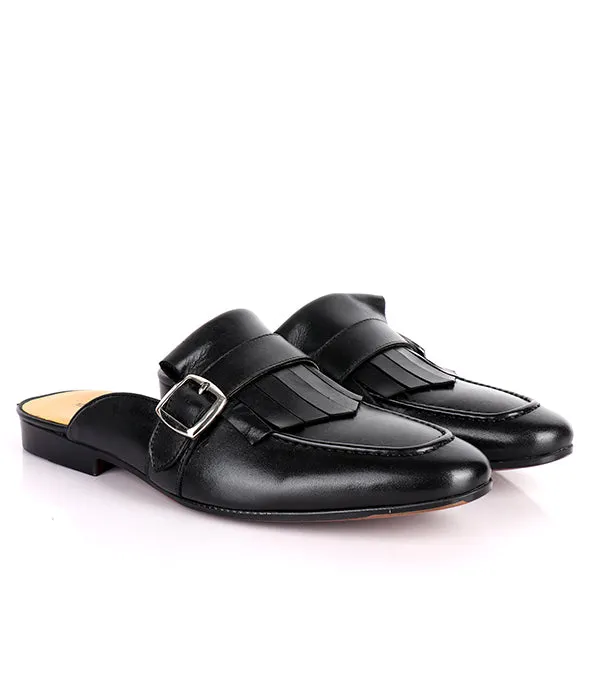 John Foster Fringed Buckled Genuine Leather Mules|Black