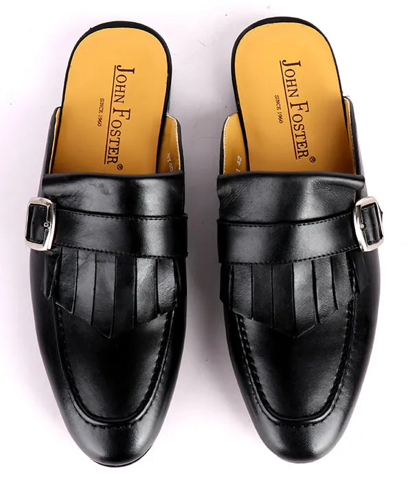 John Foster Fringed Buckled Genuine Leather Mules|Black