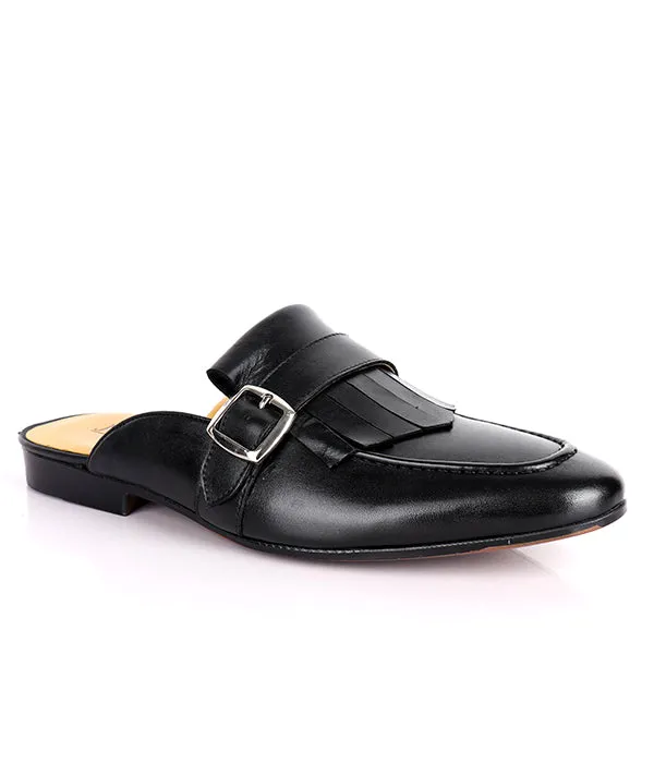 John Foster Fringed Buckled Genuine Leather Mules|Black