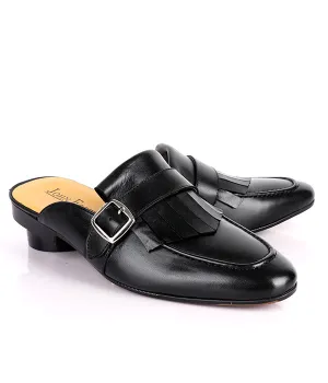 John Foster Fringed Buckled Genuine Leather Mules|Black