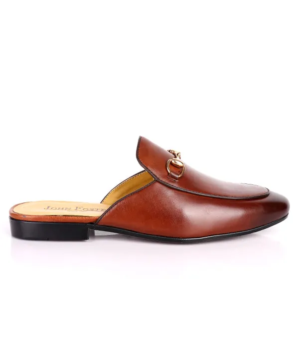John Foster Plain Genuine Leather Horsebit Mules|Brown