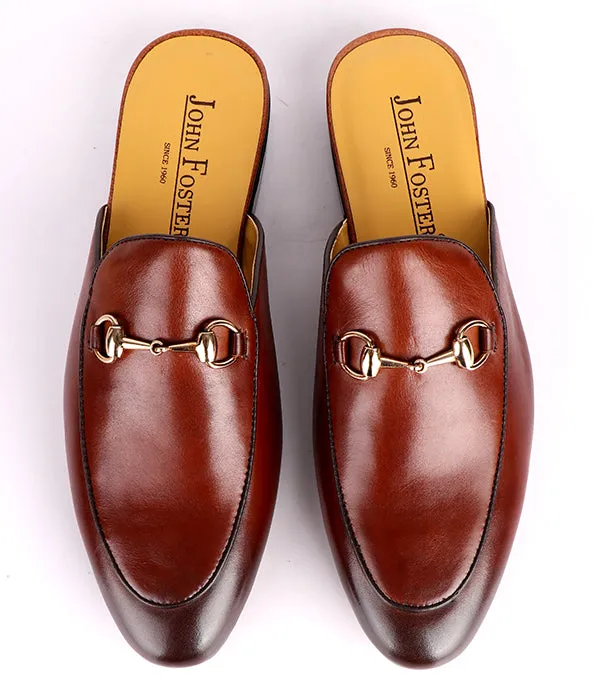 John Foster Plain Genuine Leather Horsebit Mules|Brown