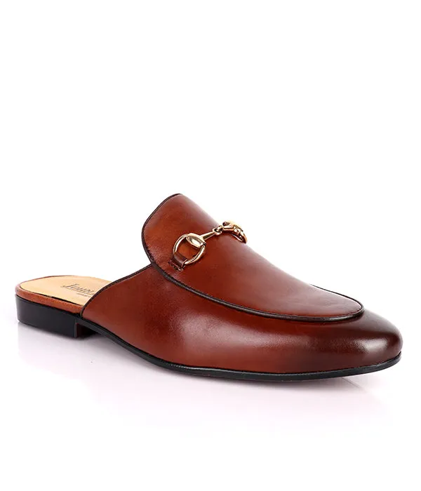 John Foster Plain Genuine Leather Horsebit Mules|Brown