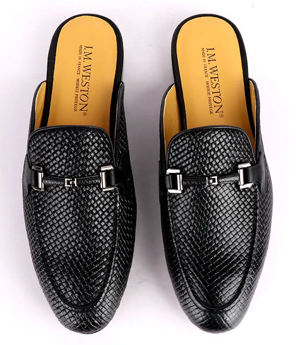 John Foster Woven Horsebit Leather Men's Mules|Black