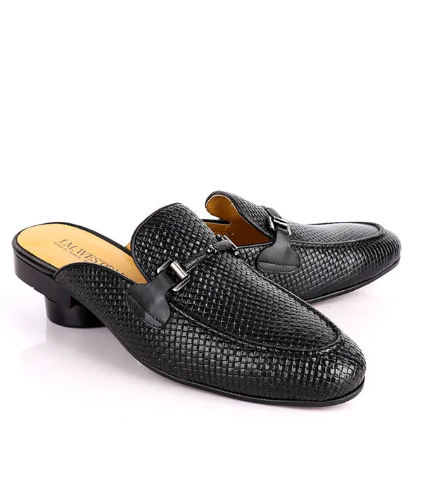 John Foster Woven Horsebit Leather Men's Mules|Black
