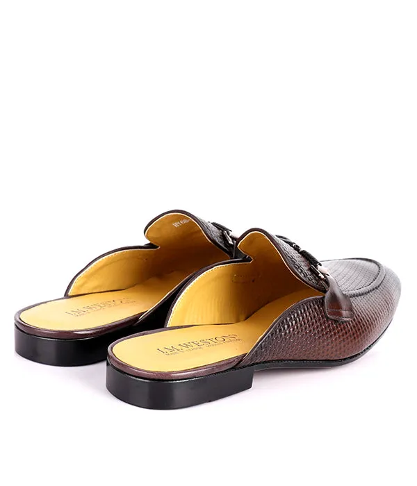 John Foster Woven Horsebit Leather Mules|Coffee-Brown