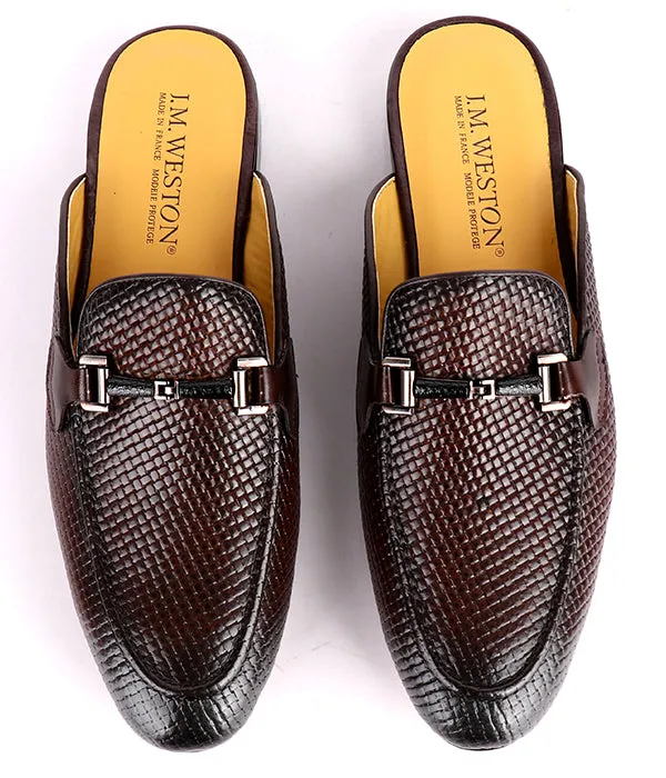 John Foster Woven Horsebit Leather Mules|Coffee-Brown
