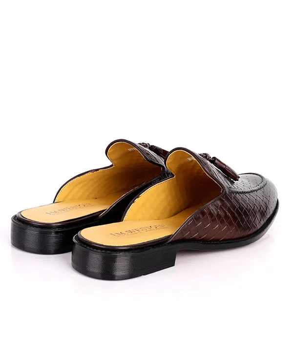 John Foster Woven Tassel Leather Mules|Coffee