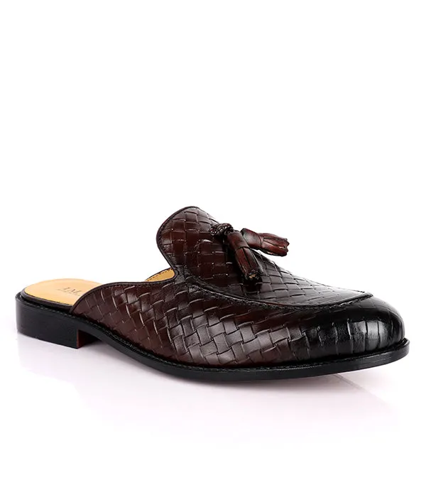 John Foster Woven Tassel Leather Mules|Coffee