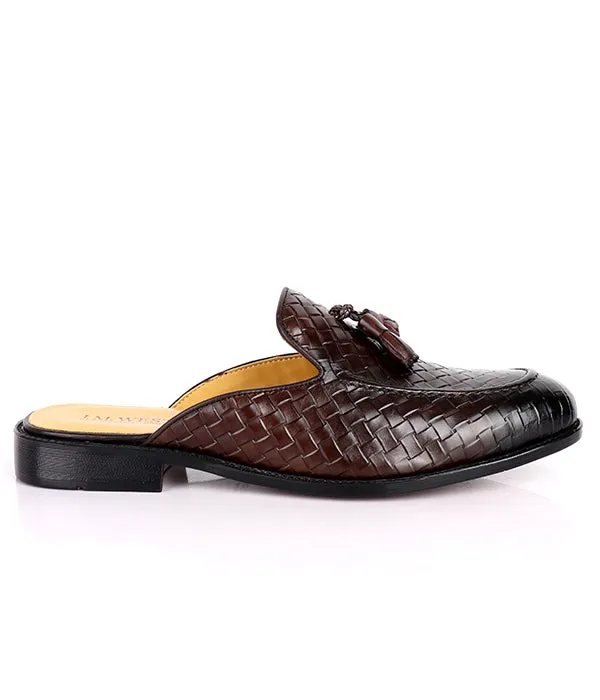 John Foster Woven Tassel Leather Mules|Coffee