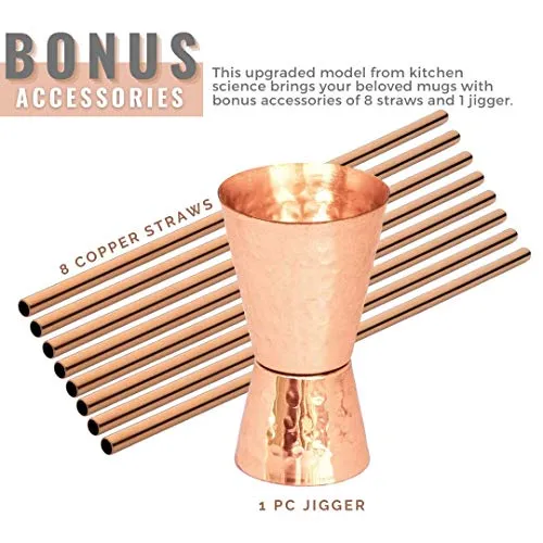 Kitchen Science [Gift Set] Moscow Mule Copper Mugs Set of 8 (16oz) w/ Straws & Jigger | 100% Pure Copper Cups, Tarnish-Resistant Food Grade Lacquered Finish, Ergonomic Handle (No Rivet) w/ Solid Grip