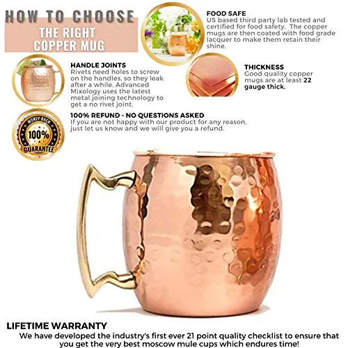 Kitchen Science [Gift Set] Moscow Mule Copper Mugs Set of 8 (16oz) w/ Straws & Jigger | 100% Pure Copper Cups, Tarnish-Resistant Food Grade Lacquered Finish, Ergonomic Handle (No Rivet) w/ Solid Grip