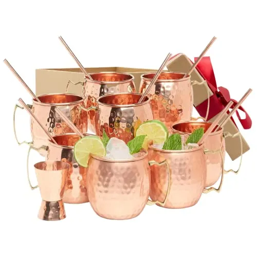 Kitchen Science [Gift Set] Moscow Mule Copper Mugs Set of 8 (16oz) w/ Straws & Jigger | 100% Pure Copper Cups, Tarnish-Resistant Food Grade Lacquered Finish, Ergonomic Handle (No Rivet) w/ Solid Grip
