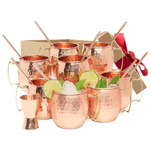 Kitchen Science [Gift Set] Moscow Mule Copper Mugs Set of 8 (16oz) w/ Straws & Jigger | 100% Pure Copper Cups, Tarnish-Resistant Food Grade Lacquered Finish, Ergonomic Handle (No Rivet) w/ Solid Grip