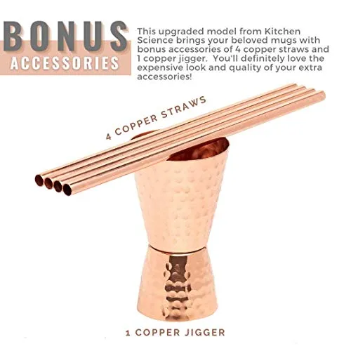 Kitchen Science Moscow Mule Copper Mugs Set of 4 (16oz) w/ 4 Straws & 1 Jigger | 100% Pure Copper Cups, Tarnish-Resistant, Ergonomic Handle (No Rivet) w/ Solid Grip (1 - Set of 4)