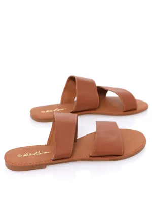 Ladies Asymmetrical Double Strap Mule Sandal - Tan