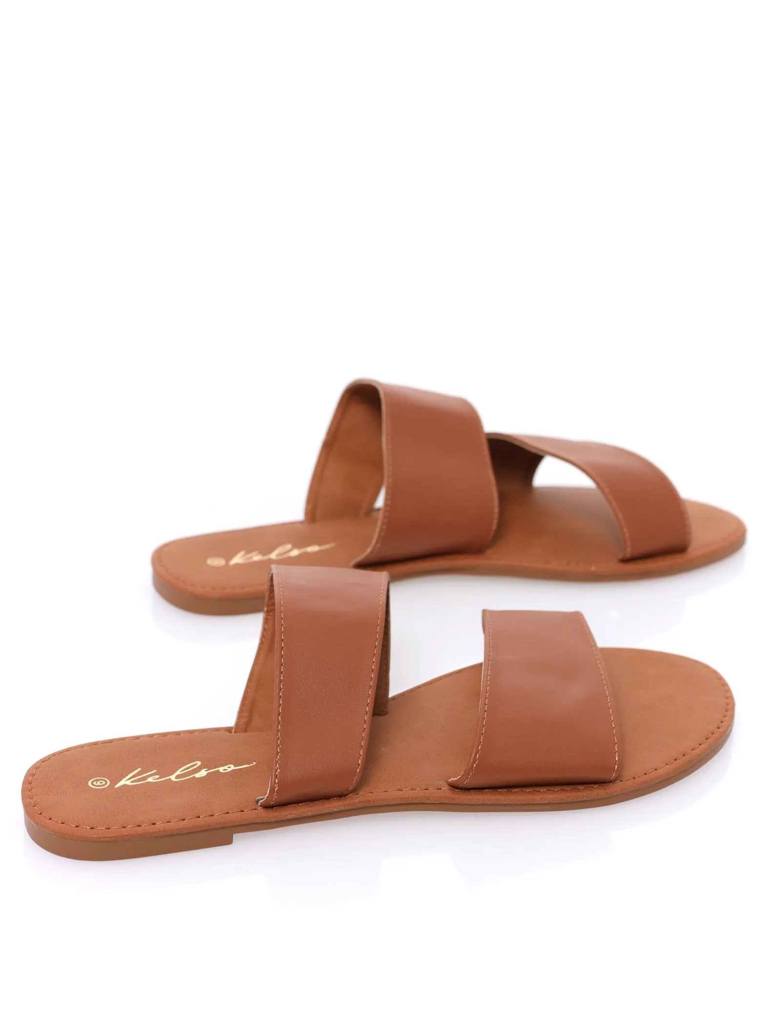 Ladies Asymmetrical Double Strap Mule Sandal - Tan