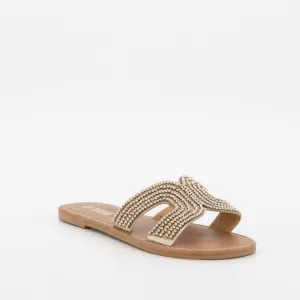 Ladies Bead Emebllished Push In Mule Sandal - Champagne