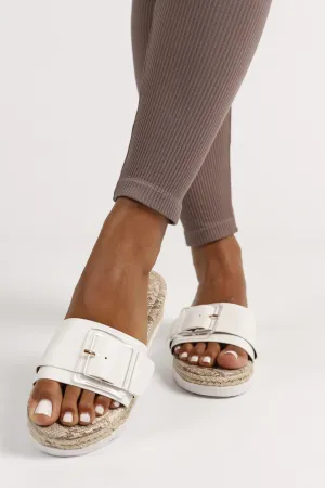 Ladies Buckle Strap Espadrille Platform Mule - White