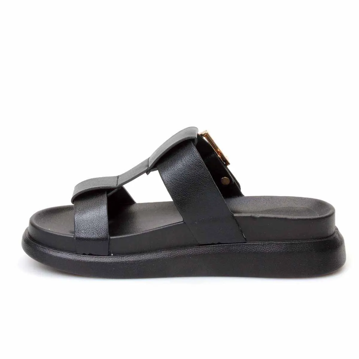 Ladies Chunky Slide T-Bar Sandal - Black