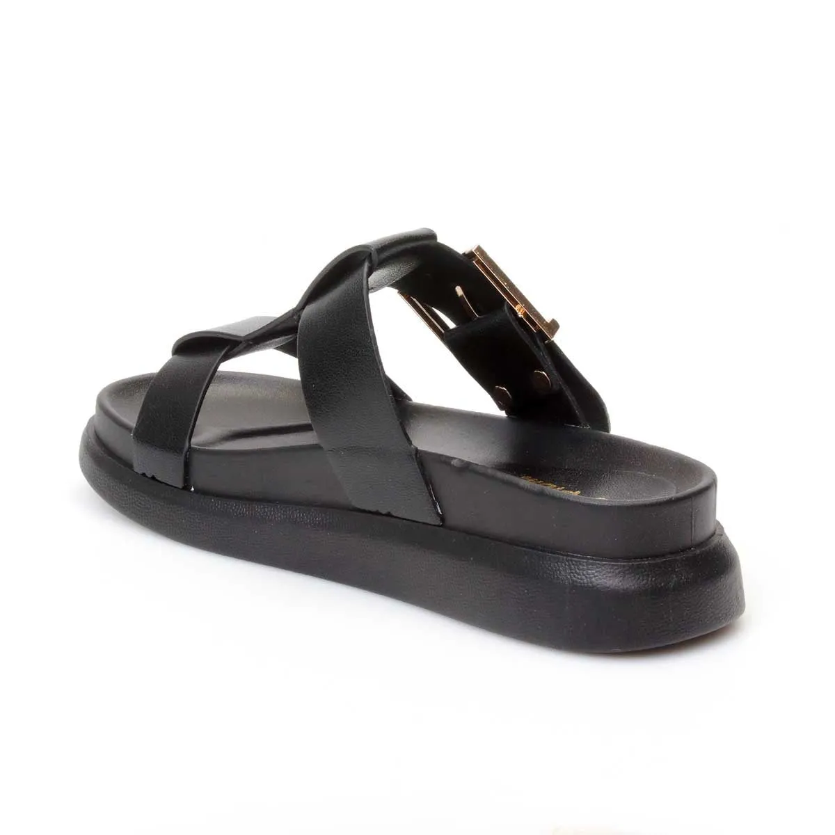 Ladies Chunky Slide T-Bar Sandal - Black
