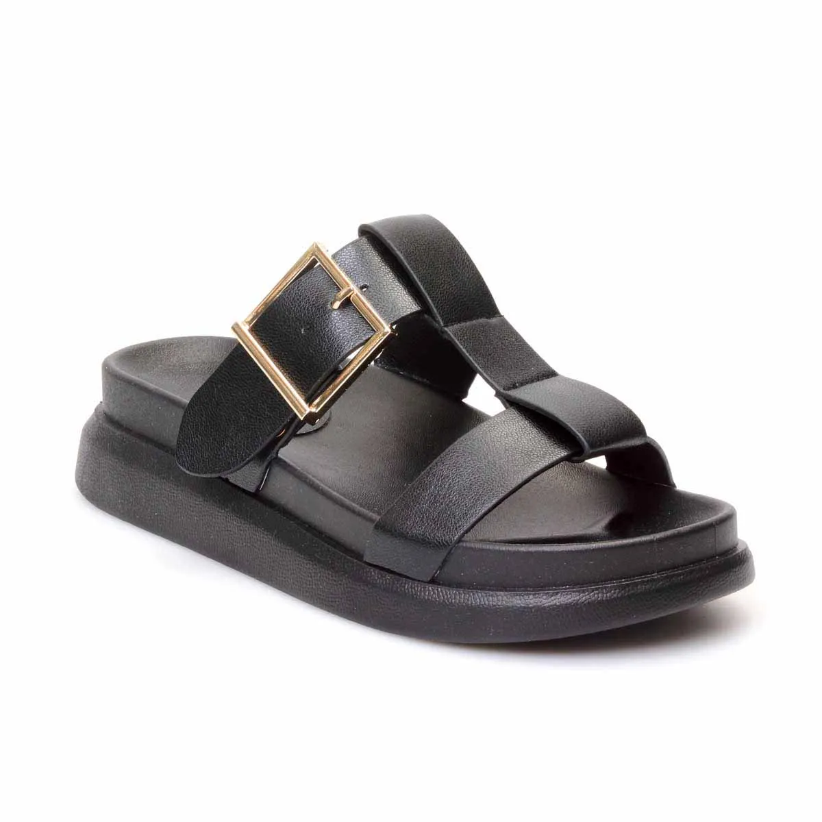 Ladies Chunky Slide T-Bar Sandal - Black