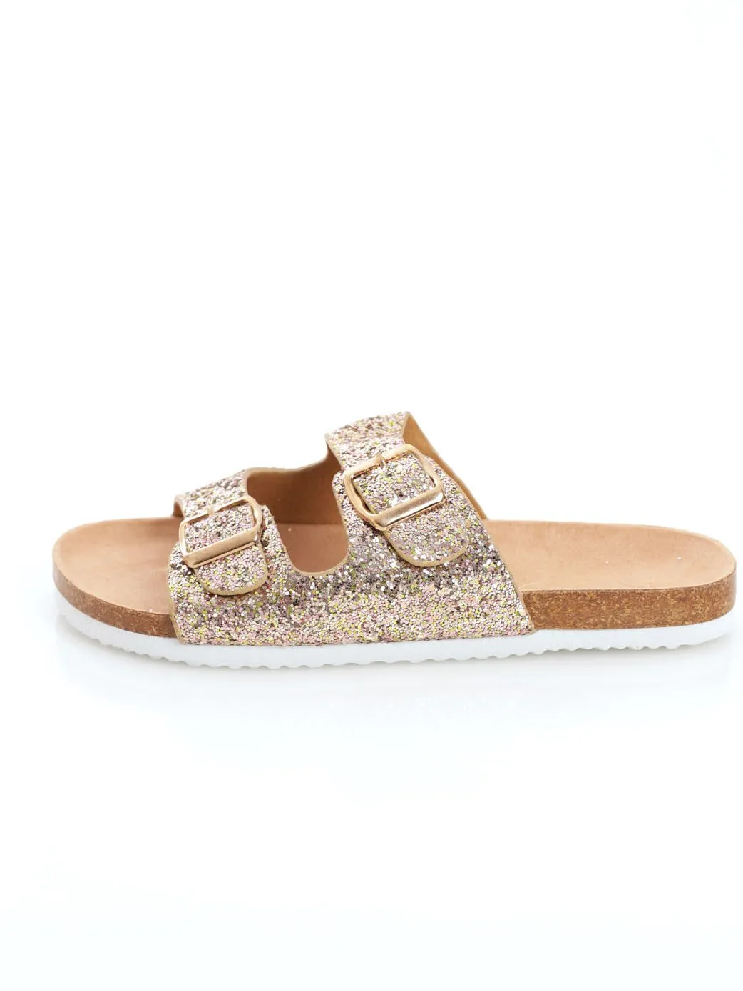 Ladies Cross Glitter Double Strap Mule Sandal - Gold