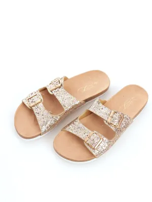 Ladies Cross Glitter Double Strap Mule Sandal - Gold