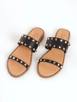 Ladies Davinna Double Strap With Studs Push-In Sandal - Black