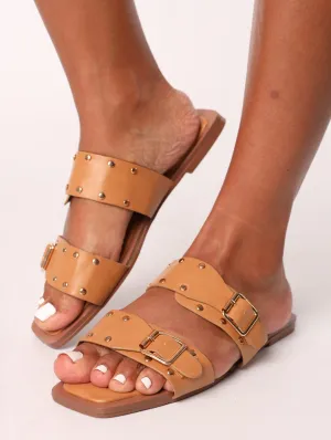 Ladies Double Embellished Buckle Strap Mule Sandal - Camel